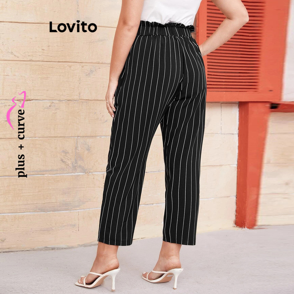 (Trendy) Lovito Calças Curvas Plus Size Calças Elegantes Com Bolso Listrado Para Mulheres LBL19769 - Women Clothes