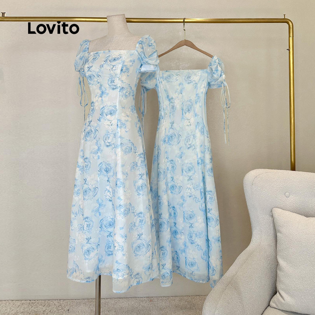 (Trendy) Lovito Vestido Casual Floral Com Cadarço E Botão Duplo Para Mulheres L86ED346 em Oferta na Shopee