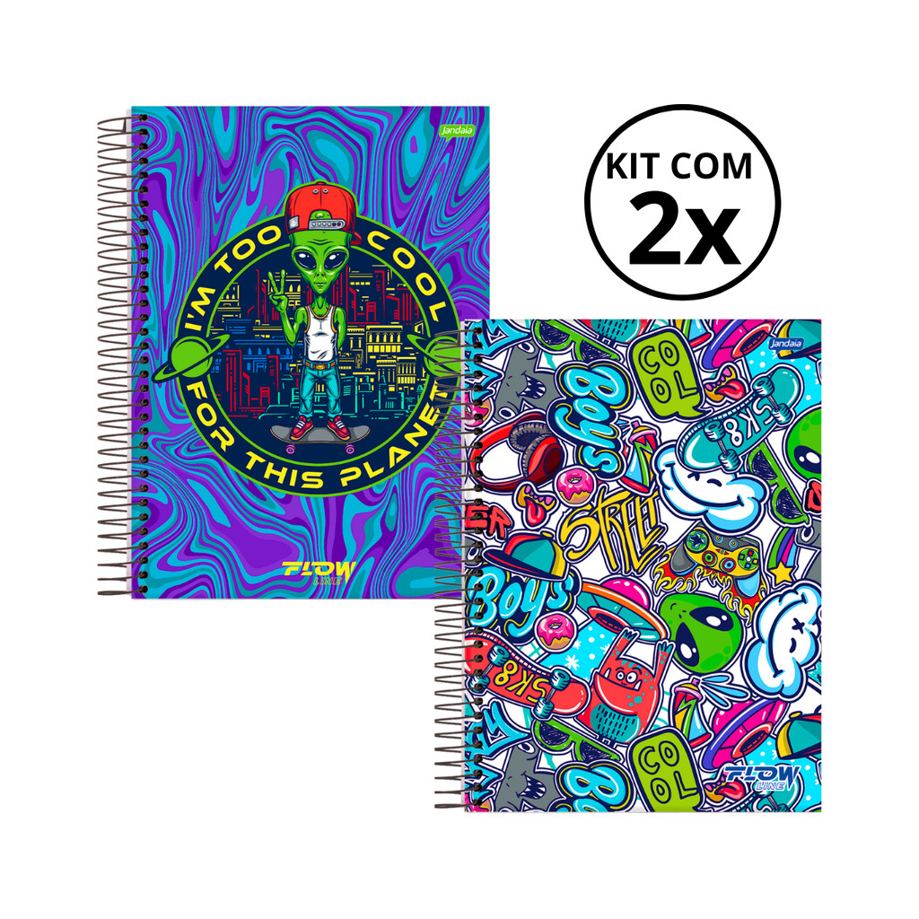 Kit 02 Cadernos Universitário 1 Matéria 80 Folhas Flow - Jandaia CAPA:Alien/Boys