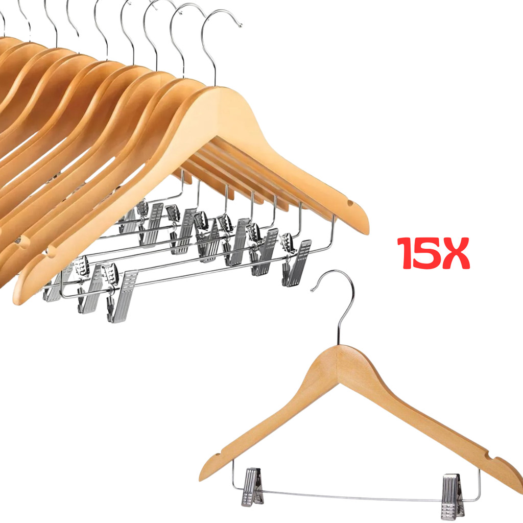 Kit 15 Cabides de Madeira com Presilhas Organização Guarda Roupa Vestido Camiseta Camisa Blazer Calça Saia Pijama Verniz