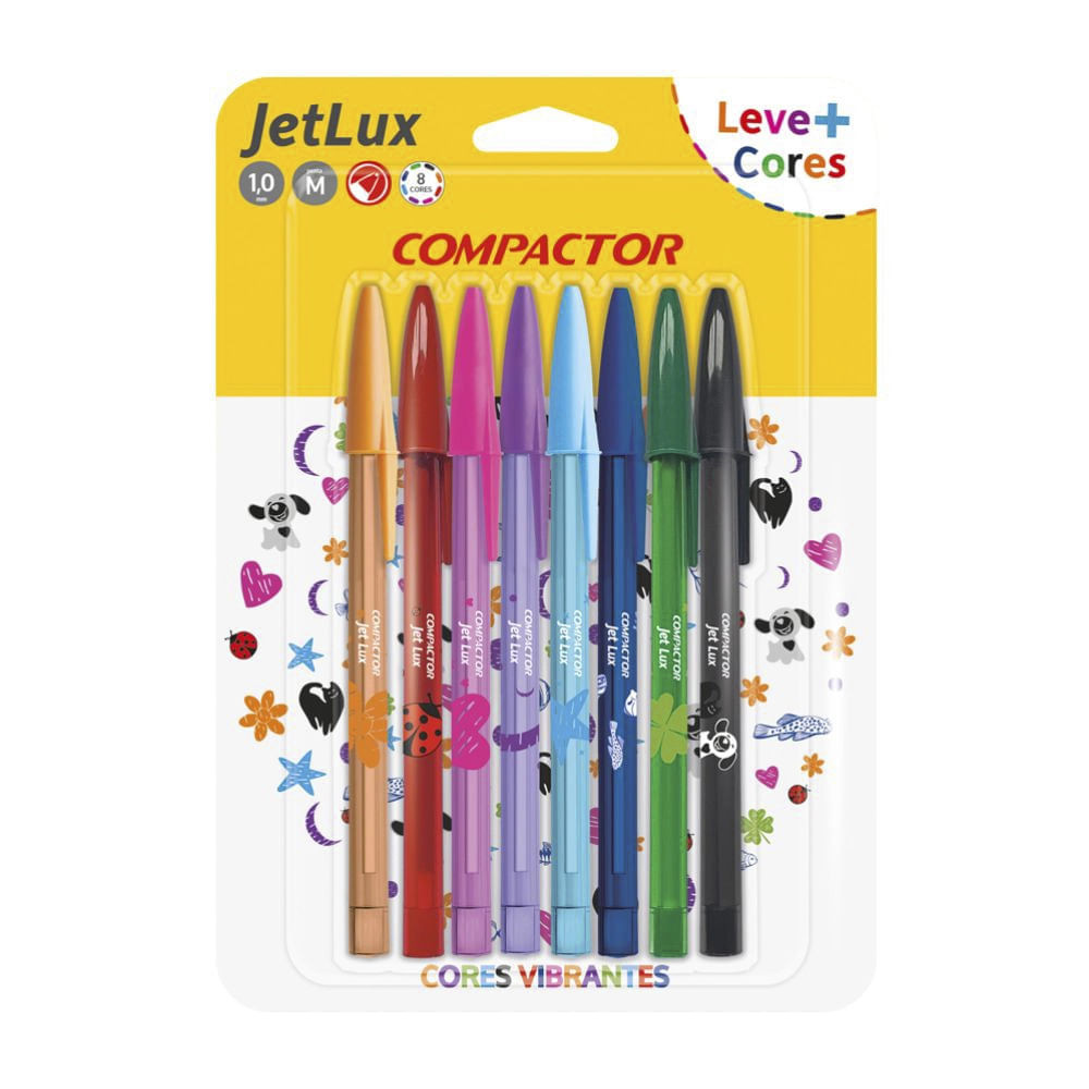 Caneta Esferográfica Compactor Jet Lux Colors 1.0mm com 8 Cores Vibrantes em Oferta na Shopee