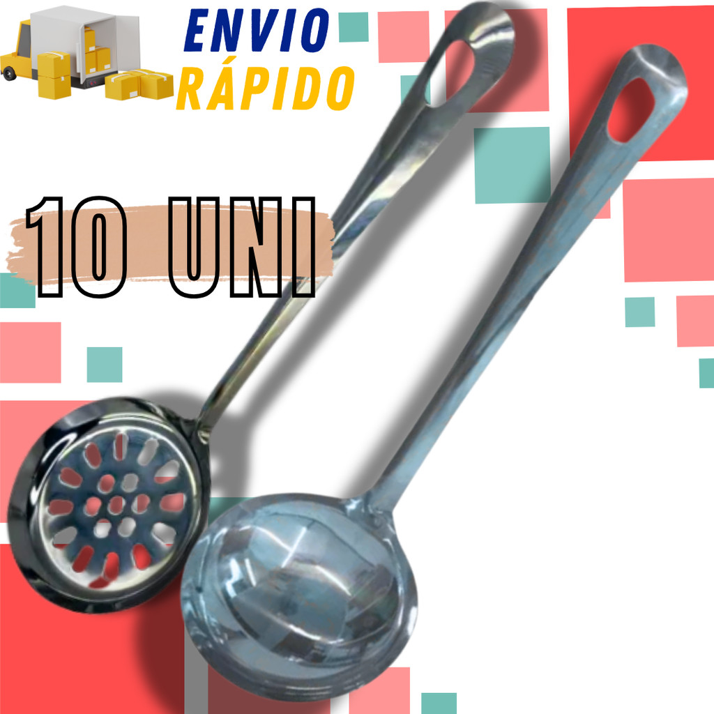 Kit 10 Peças  5 Escumadeira de Arroz Fritura + 5 Concha Aço Inox Utensílios de Cozinha Jogo Completo