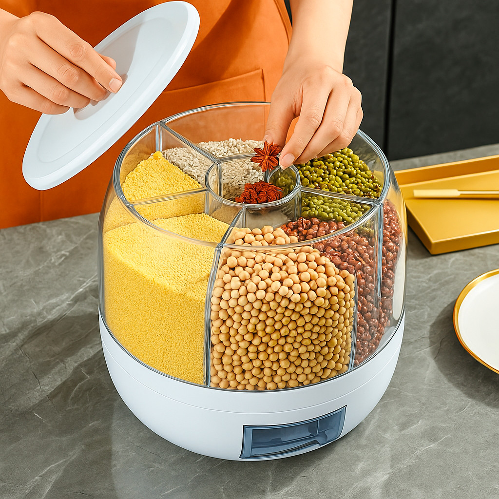 Dispenser Giratório 6 Divisorias De Alimentos Armazenamento Graos  Organizador De Cereais Recipiente