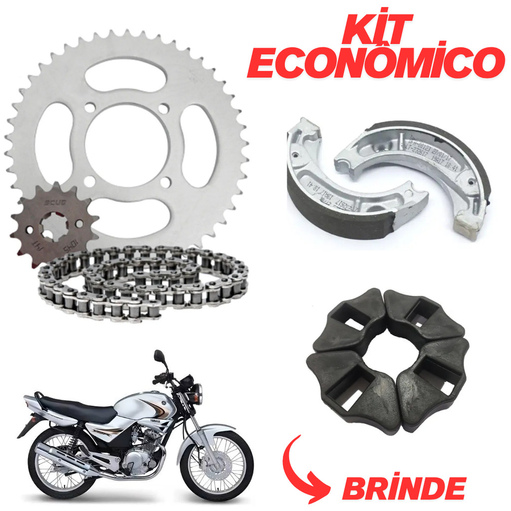 Kit Relação/Transmissão/Tração + Coxim (Bucha) Da Coroa + Patins De Freio YBR 125 (2000 à 2008) Factor 125 (2009 à 2014)