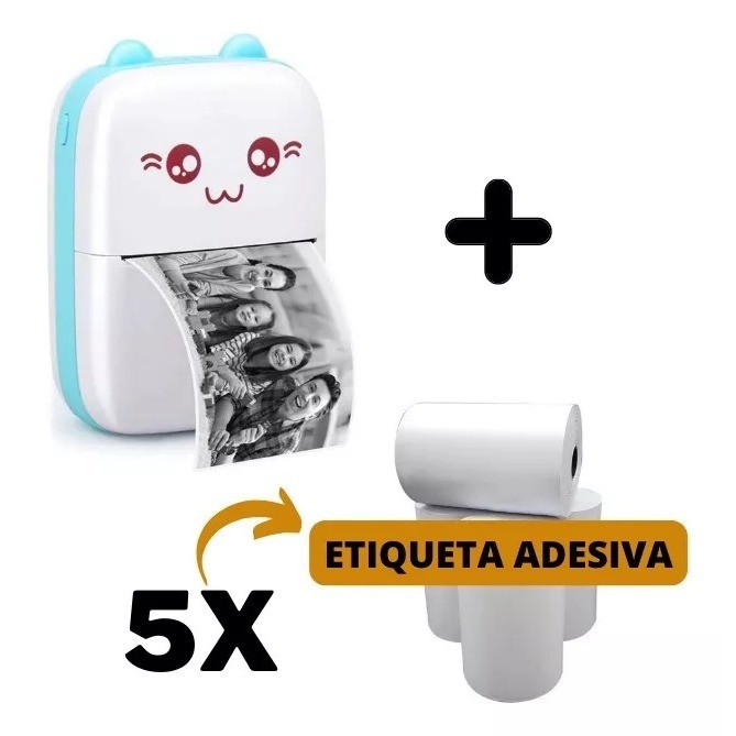 Mini Impressora Térmica Portátil + 5 Rolos Adesivos