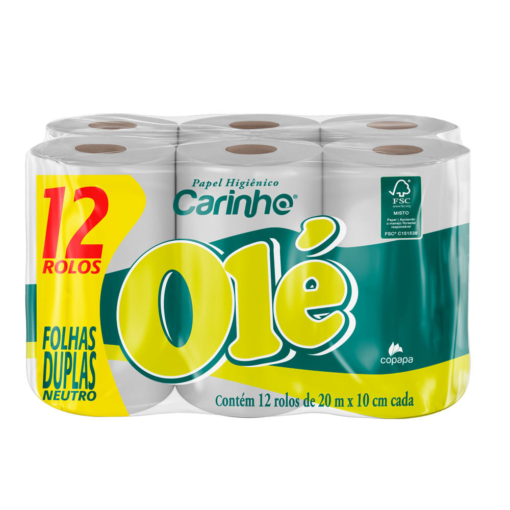 Papel Higiênico Carinho Olé Folha Duplas Neutro 12 Unidades - Pets