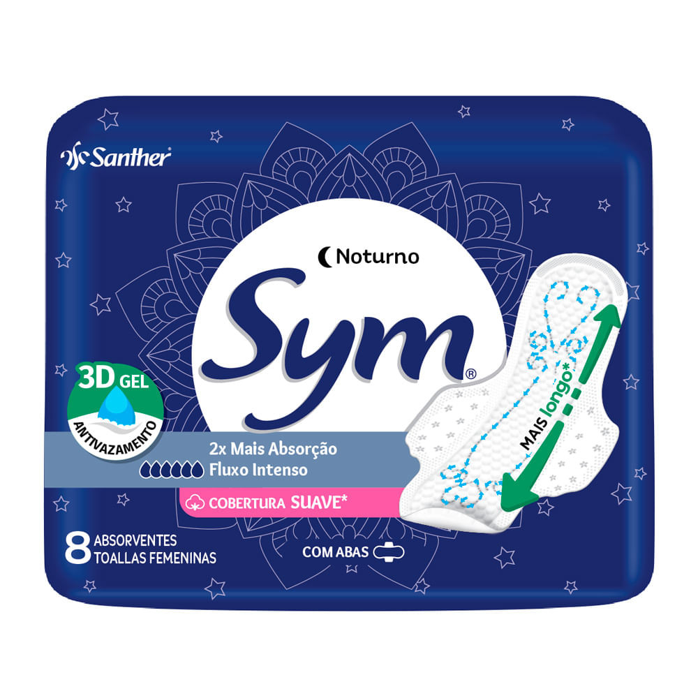 Absorvente Sym Noturno Cobertura Suave com Abas 8 Unidades - Health