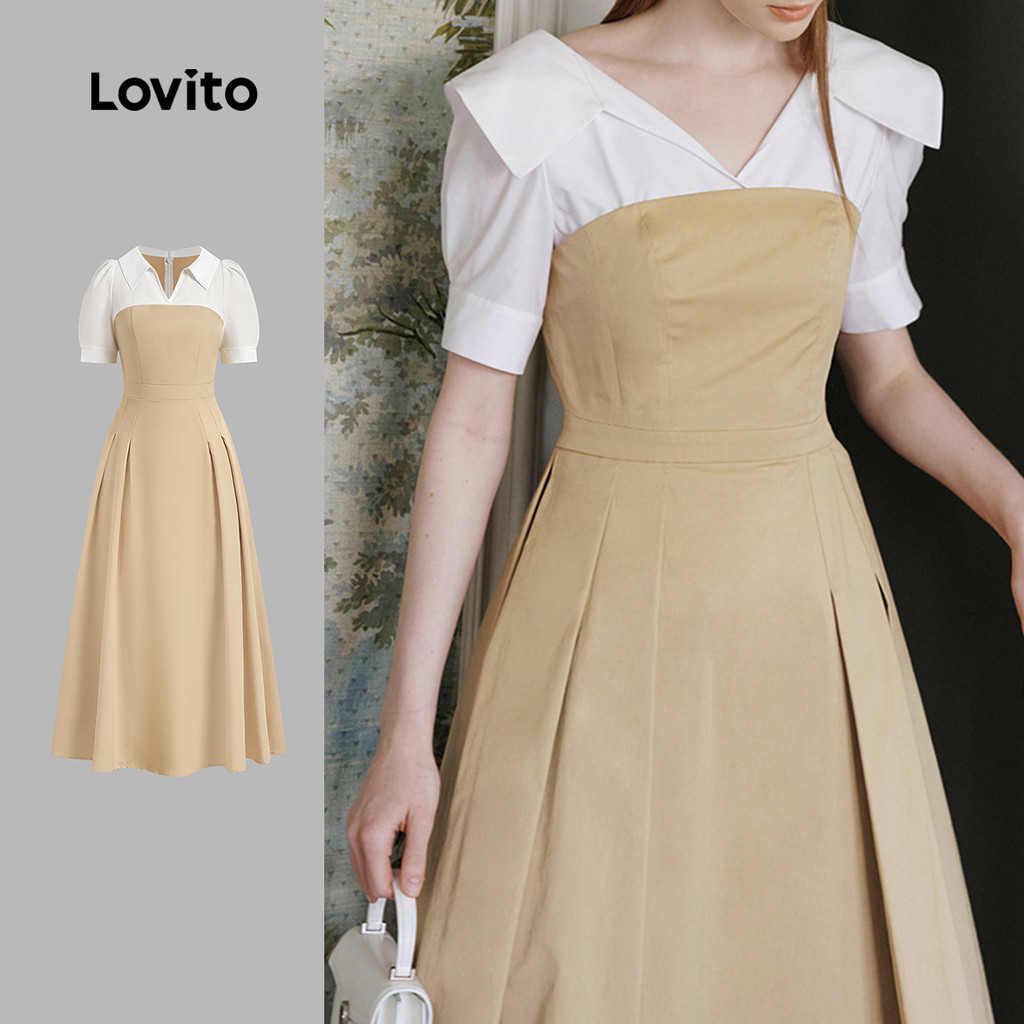 Lovito Elegante Senso de Linhas com Estilo Francês Preguiçoso  Primavera/verão  Vestido Leve cáqui L142LD094 em Oferta na Shopee