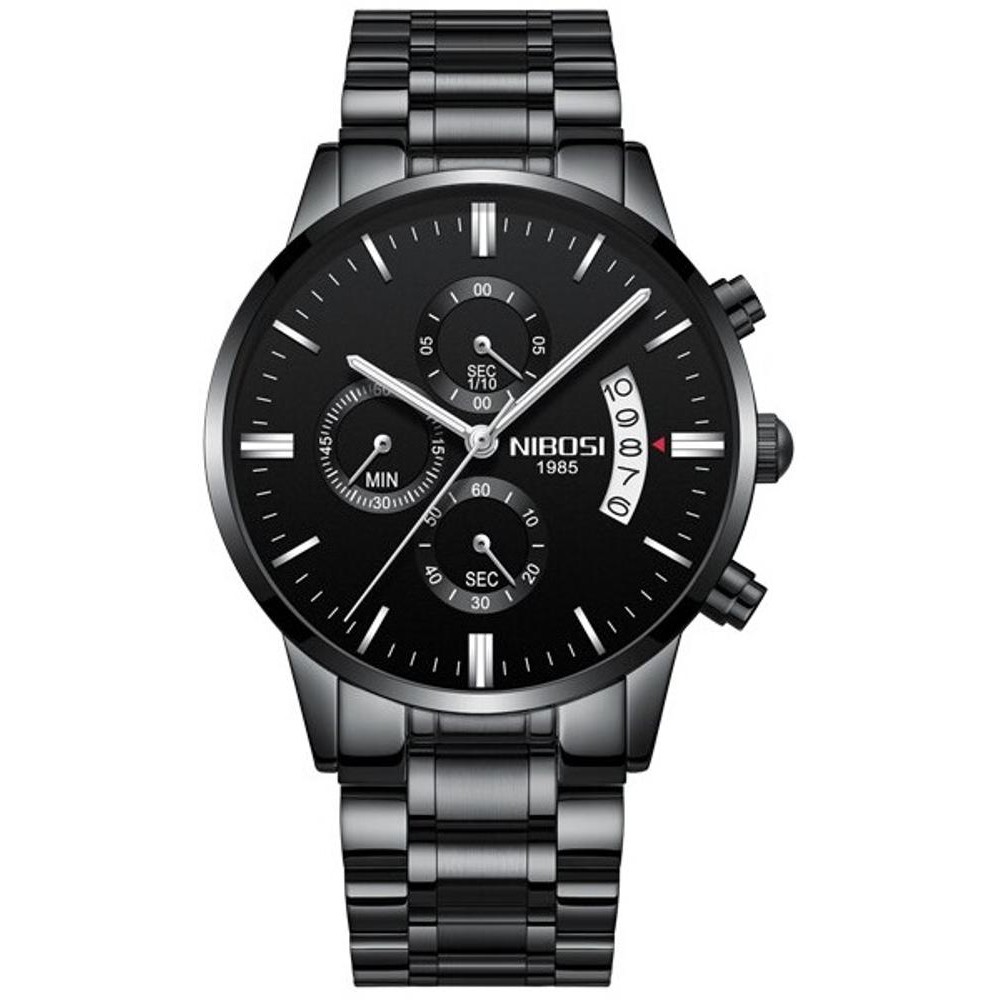 Relógio Masculino Nibosi 2309 Clássico Preto Cronoógrafo Funcional Aço Inoxidável 43mm