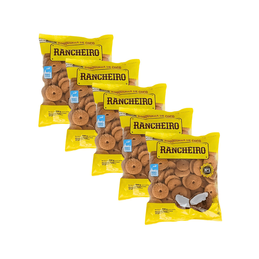 Biscoito Rosquinha Coco 300g Rancheiro - Kit com 5 Unidades - Produto Vegano - Não Contém Lacotose