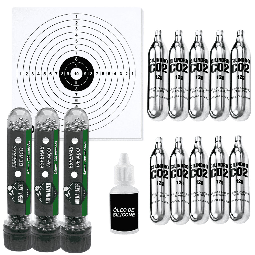 Co2 10 Unidades 12g Para Airgun + Esferas de Aço 6mm 6.0 com Silicone e Alvo