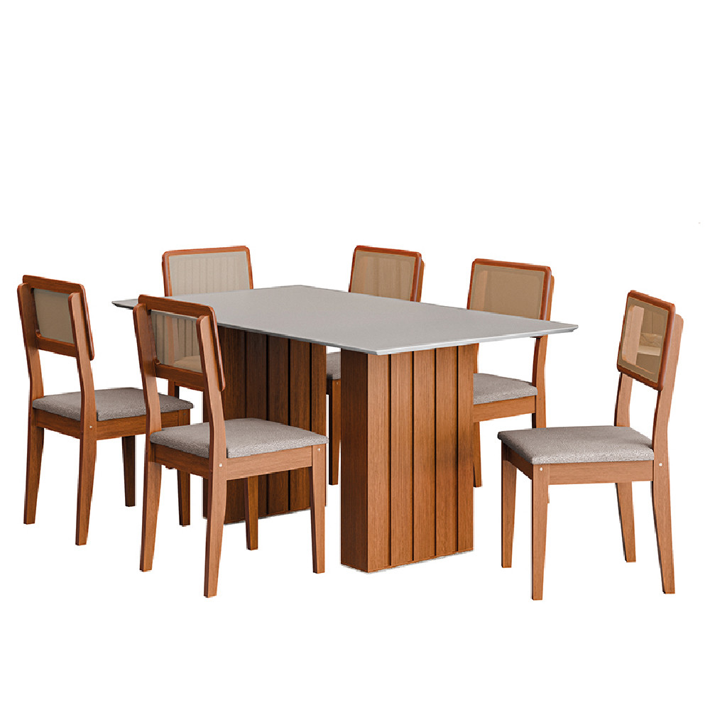 Conjunto de Mesa Sala de Jantar Ripada Tampo com Vidro 1,60m 6 Cadeiras Santiago Dobuê