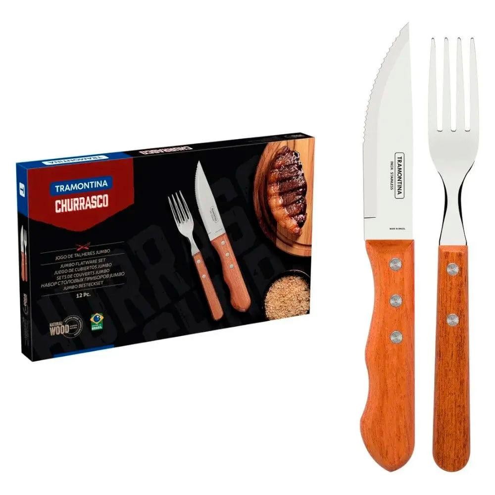 Faqueiro Tramontina Churrasco Jumbo 12 Peças, em Aço Inox com Cabo de Madeira Natural - 22399/063 em Oferta na Shopee