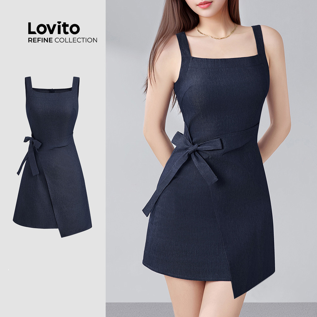 (NEW) (Lovito Refine) Vestido Casual de Jeans  Plissado  Falso 2 em 1  com Amarração  Primavera/verão  azul LR13A030 em Oferta na Shopee