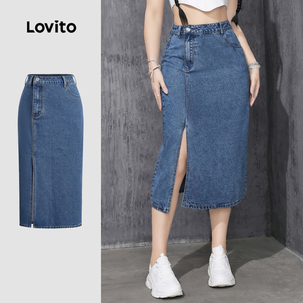 (New) Lovito Saia Jeans Casual com Fenda Assimétrica  Bolso  Primavera/verão  Saia Jeans Azul para mulheres L142ED172 em Oferta na Shopee