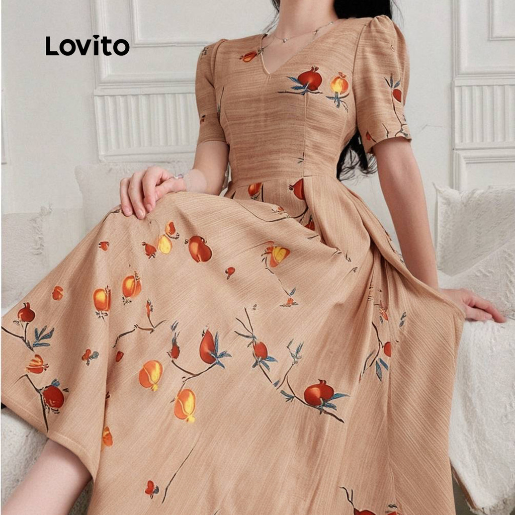 Detalhes do (New) Lovito Vestido Boho de Babados  Costura de Tecido  Retrô  Primavera/verão  Vestido Bege claro LBL27224