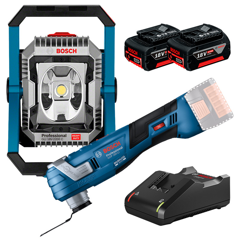 Kit Refletor LED 2200lm GLI 18V-2200 C + Multicortadora Oscilante GOP 185-LI + 2 Bateria 4Ah + Carregador Rápido Bosch