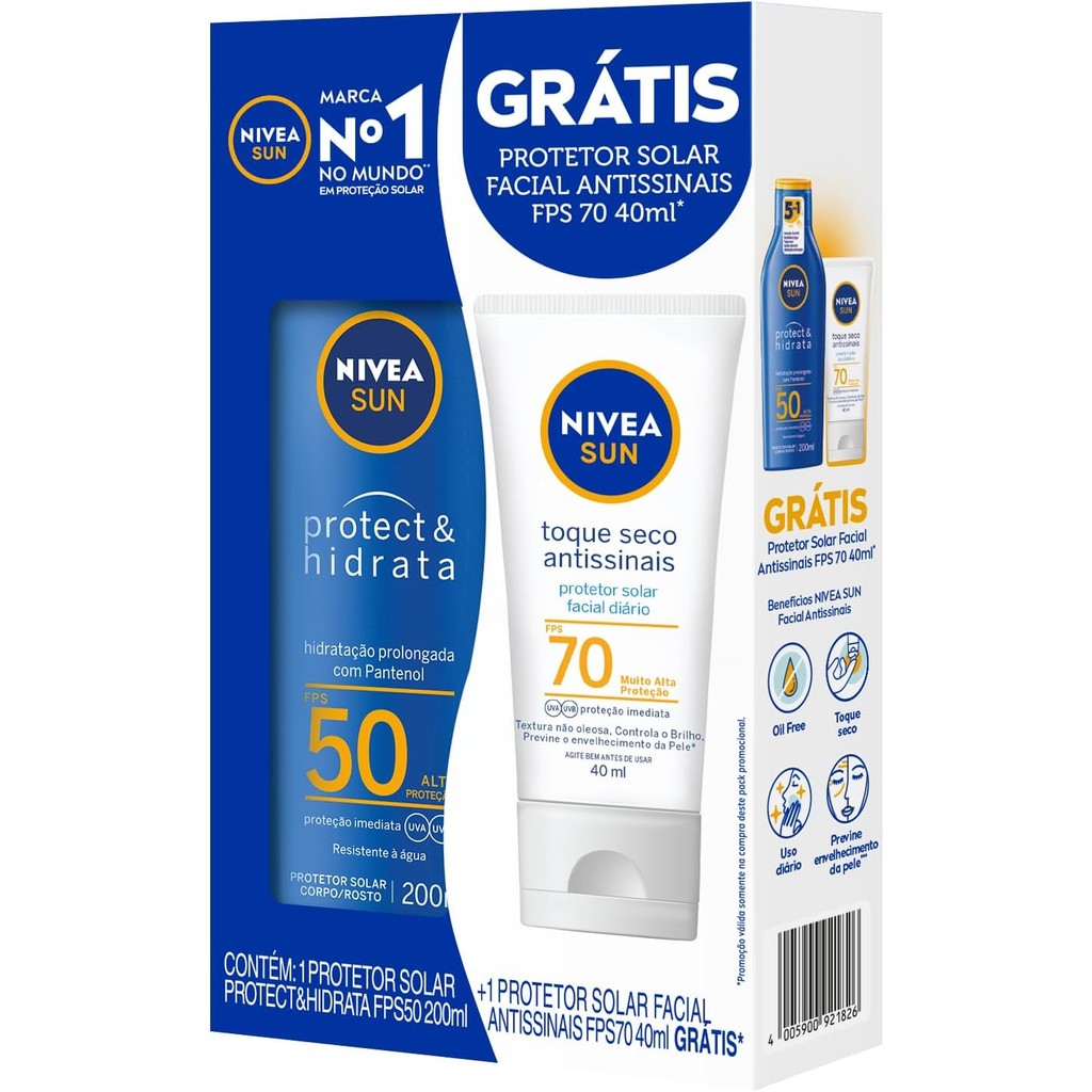 Kit Protetor Solar Facial FPS 70 Toque Seco 40ml e Corporal Protect e Hidrata Fps50 200ml