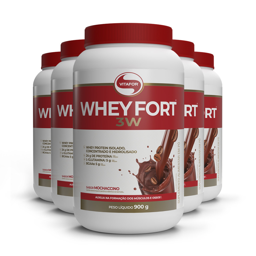 Kit 5 Whey Fort 3W Vitafor Mochaccino 900g
