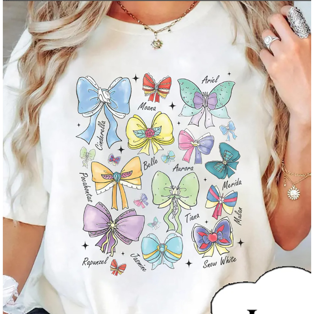2025 Camiseta da Disney, Design de Laços Coloridos das Princesas (Cinderela, Bela), Moda Clássica