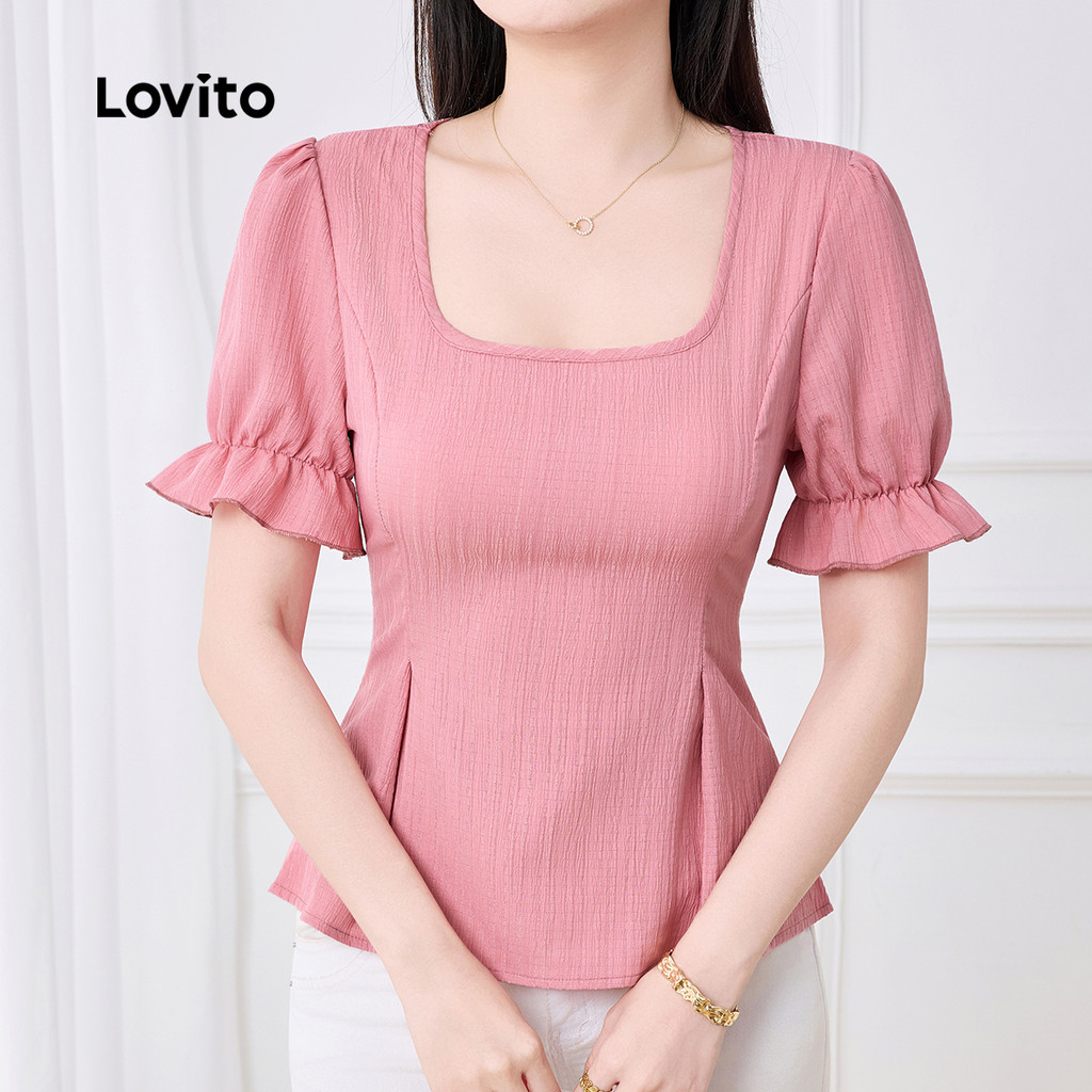 Detalhes do Lovito Blusa Elegante de Verão/primavera com Cós Nas Costas para mulheres L143ED162