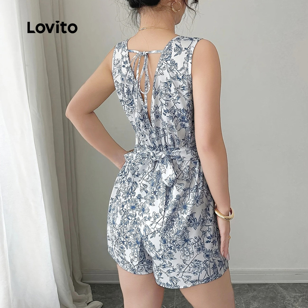 Detalhes do Lovito Macacão Feminino Casual com Amarração e Fenda nas Costas Confortável para Primavera/Verão L138ED214