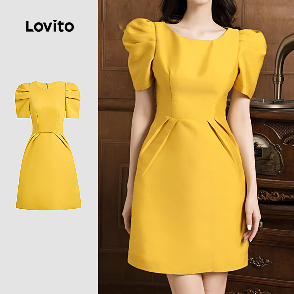(New) Lovito Vestido Elegante com Franzido Primavera/verão Vestido de Açafrão para mulheres L149ED1237