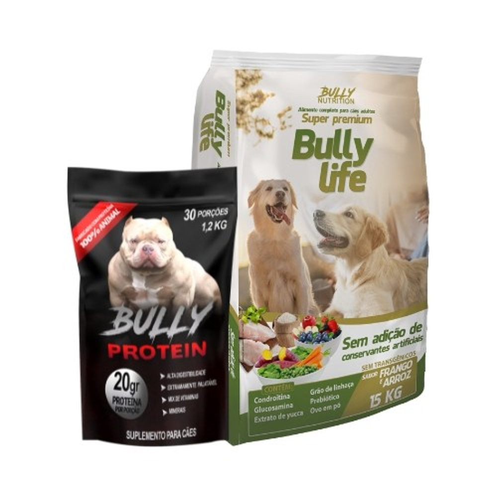 Ração Super Premium Bully Life 15kg + Suplemento Bully Protein 1,2kg + Moringa Dog 60g