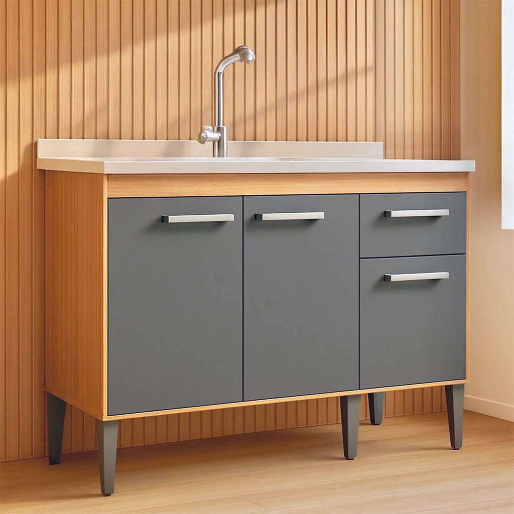 Balcão de Pia 120cm Realeza 3 Portas 1 Gaveta Manchester/Grafite em Oferta na Shopee