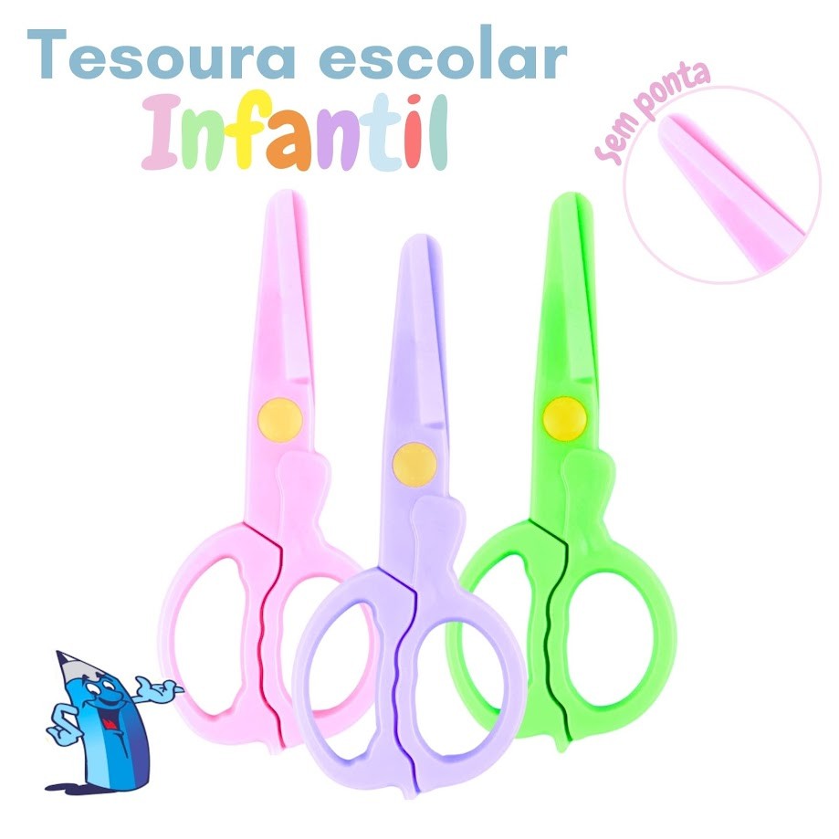 KIT TESOURA ESCOLAR INFANTIL DE PLÁSTICO 3/6/12 UNIDADES SEM LÂMINA PONTA REDONDA 13CM ONDA