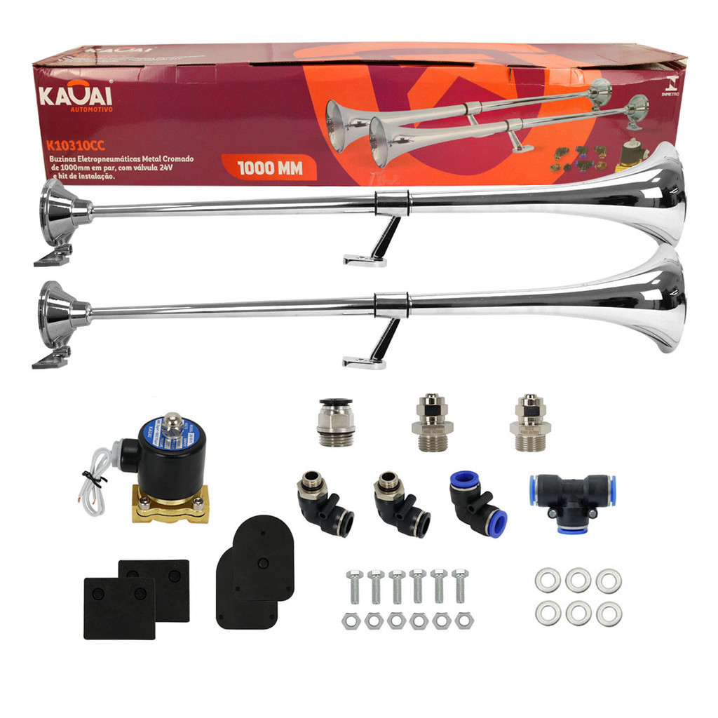 Buzina Maritima 1 Metro Par Kit Completo 24V Com Válvulas Conexões Cromada Caminhão Som Muito Alto