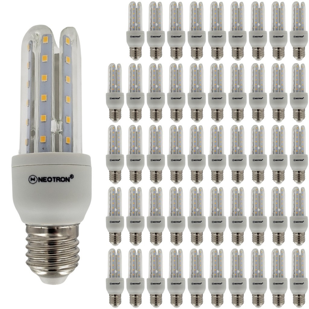 KIT 50 Lâmpadas LED Compacta 7W 3000K Luz Amarela Branca Quente Bivolt 110/220V 3U E27 NEOTRON 630 Lúmens - Decorativa Cozinha Casa Residencial Soquete Padrão Luminária Compacta Espiga Milho Formato U