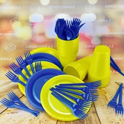 Kit Festa 50 PESSOAS DESCARTAVEIS AZUL E AMARELO GARFO + PRATO + COPO (CHOCO)