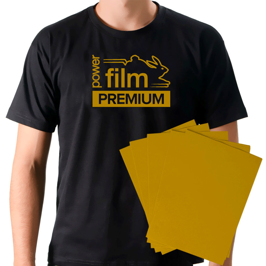 Filme de Recorte Power Film Premium A3 Ouro - 5 Folhas - adesivo para roupa termocolante , adesivo termocolante , adesivo termocolante para tecido , termocolante para roupa , termocolante para tecido