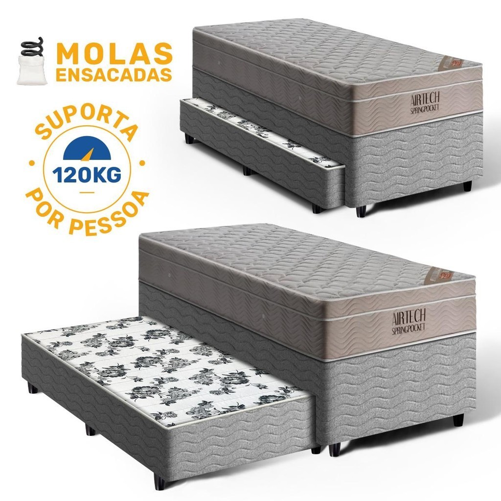 Cama Box Bicama com Colchão de Molas Ensacadas Ortobom AirTech SpringPocket Auxiliar de Espuma Unique Solteiro 88cm - Home & Living