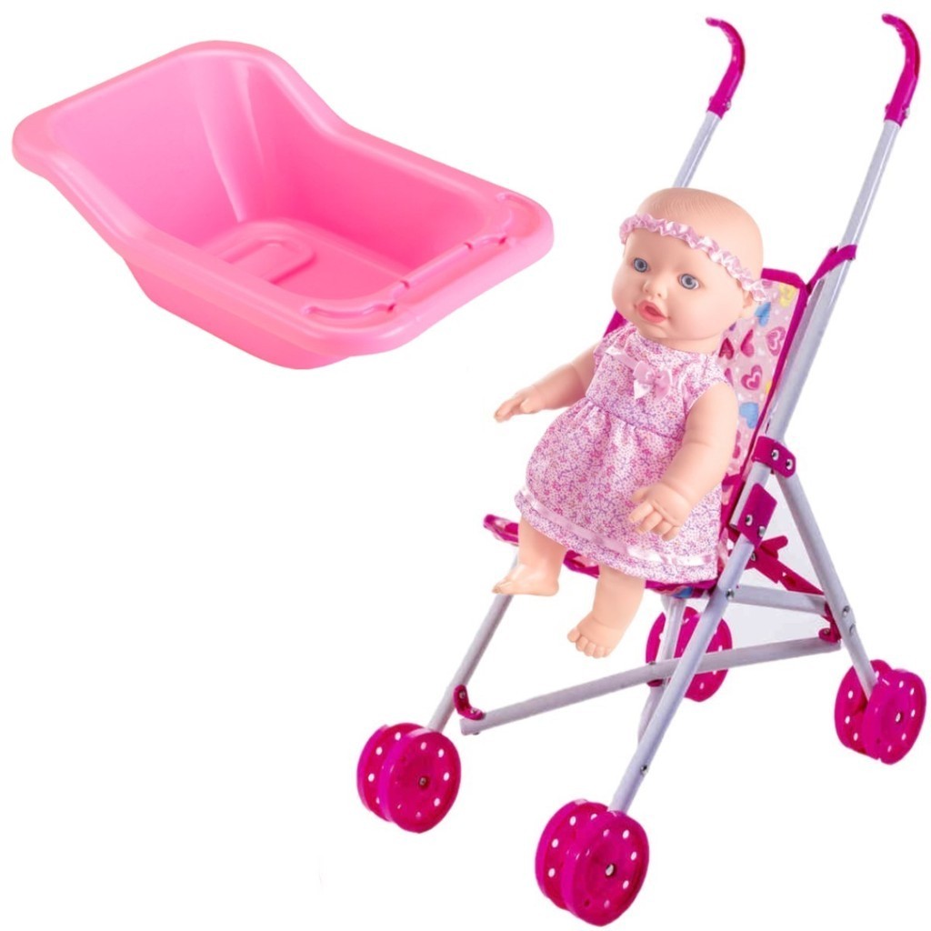 Boneca Faz Xixi De Verdade + Carrinho e Banheira P/ Banho