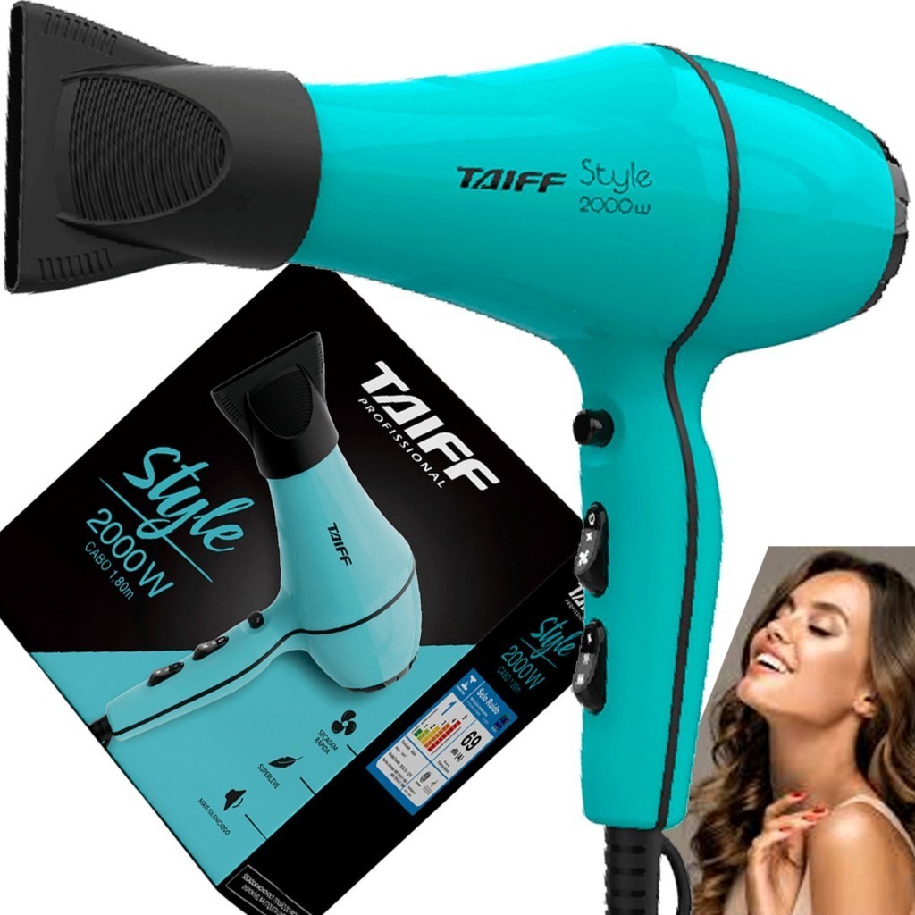 Secador Cabelo Taiff Profissional Style 2000W Azul Motor AC Cabo 1,8m Ar Quente Frio