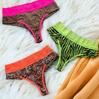 Kit 3 Calcinhas Plus Size Estampadas Animal Print Lingerie Cintura de Renda Cores Neon em Oferta na Shopee