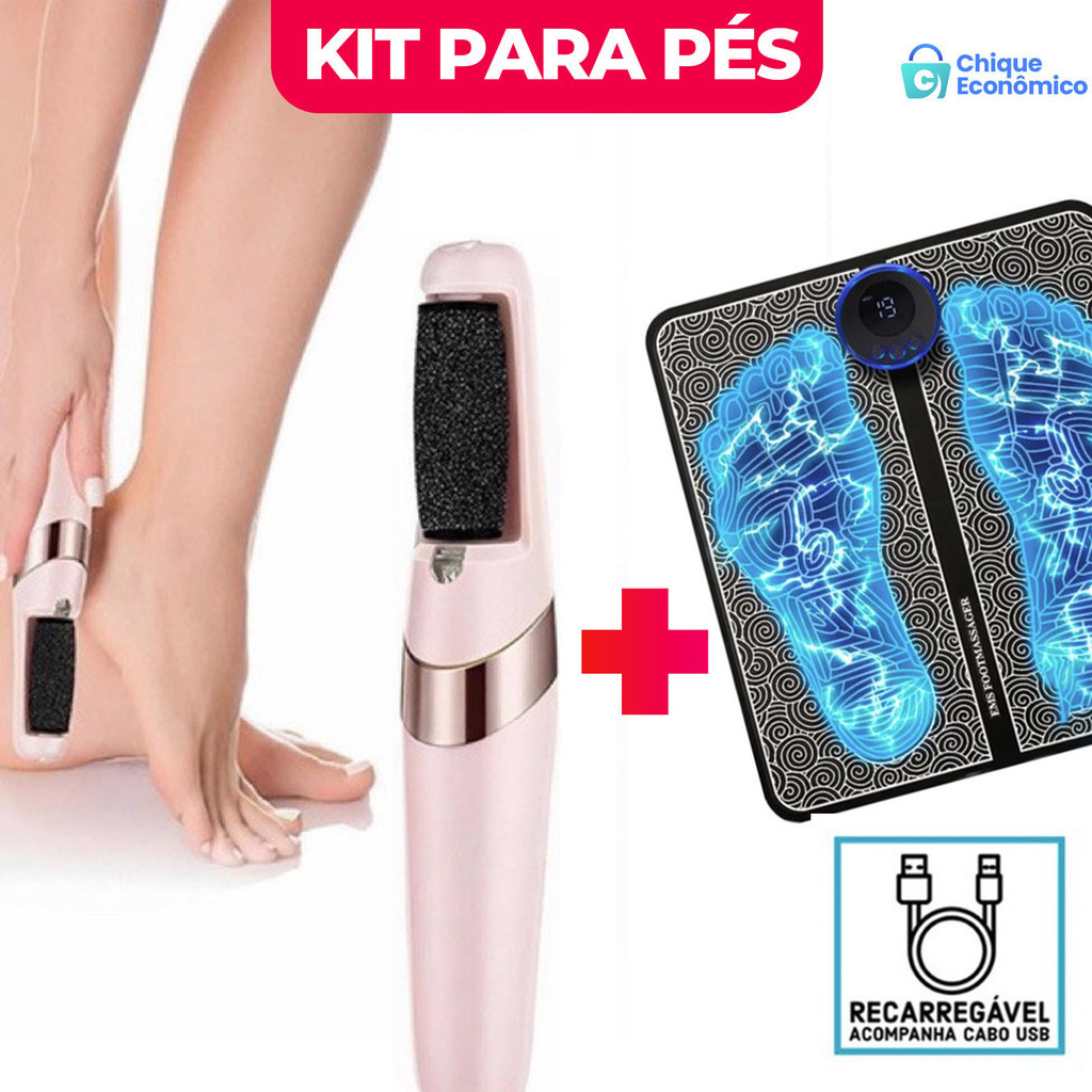 Kit pés Lixador de Pé Elétrico - Esfoliador Tira Calos Pedicure Portátil Musculares Tapete Massageador