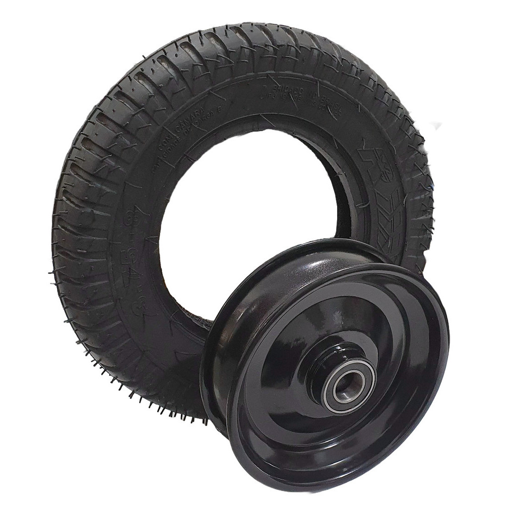 Jogo Pneu 375-8 + Roda Aro 8 C/ Rolamento Uso Carretinhas