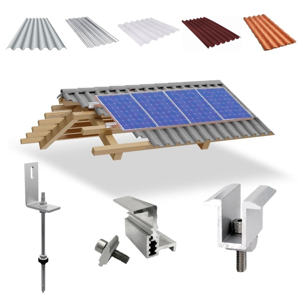 Kit Estrutura Suporte Fixador Linha C P/ 04 Placas Solar Alumínio Telha Fibro Ondulada Viga Madeira