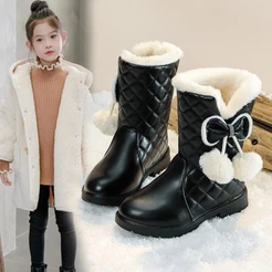 Meninas Botas Quentes Com Arco Crianças De Neve Pele De Pelúcia 2024 Inverno Nova Moda Princesa Plataforma À Prova Dwate