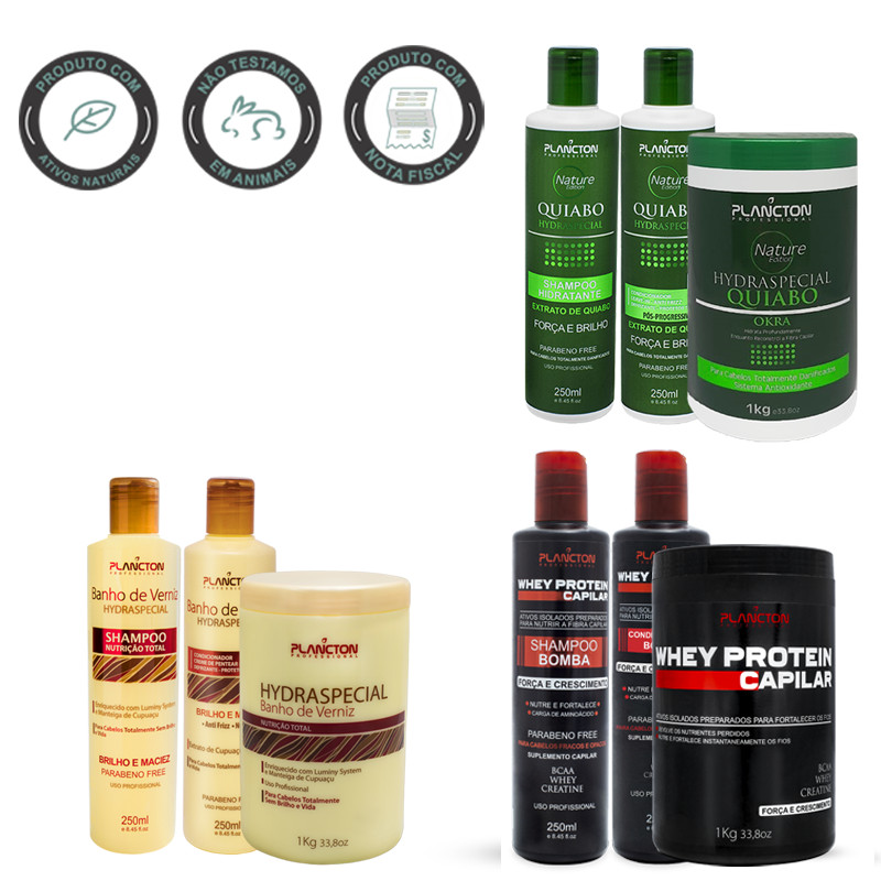 Kits de tratamento Banho de Verniz, Whey Protein e Quiabo - Plancton Professional