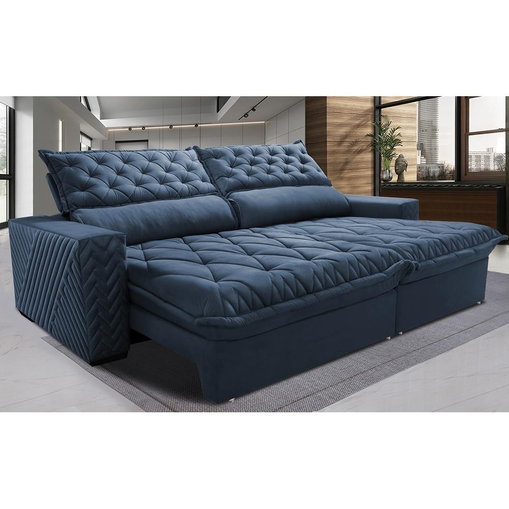 Sofá Retrátil e Reclinável 3,15m Molas Ensacadas Cama inBox Spazus com Bordado 3D Velusoft Azul - Home & Living