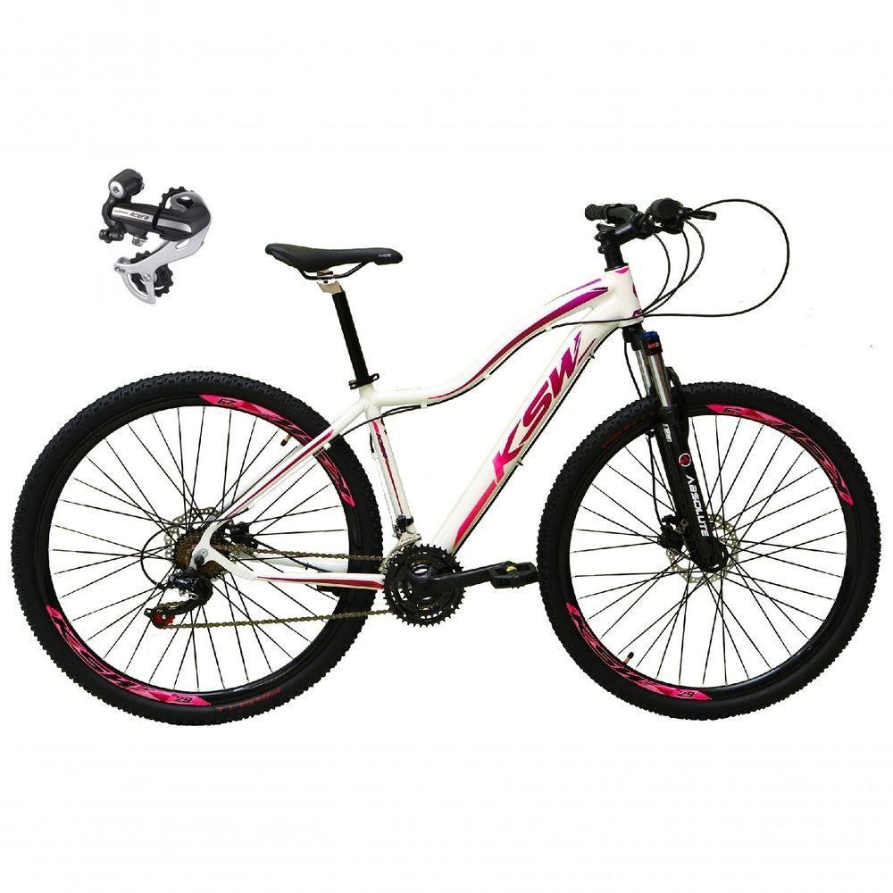 Bicicleta Aro 29 Ksw Mwza 24v Câmbio Shimano Acera K7 Garfo Trava Freio A Disco - Branco/pink/violeta Tam.17