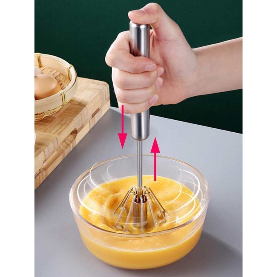 Batedor de Ovos e Misturador Semiautomático - Fouet Giratório com Cabo de Inox de 30CM