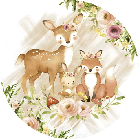 NOVO Painel Festa Infantil Redondo Animais Delicados Aquarela, tiara floral na cabeça, fundo tons claro + Arco, Suporte incluso. Fazemos personalizado com qualquer tema. Confeccionado em Lona fosca, impressão de alta resolução. cenário , p/ Decoração