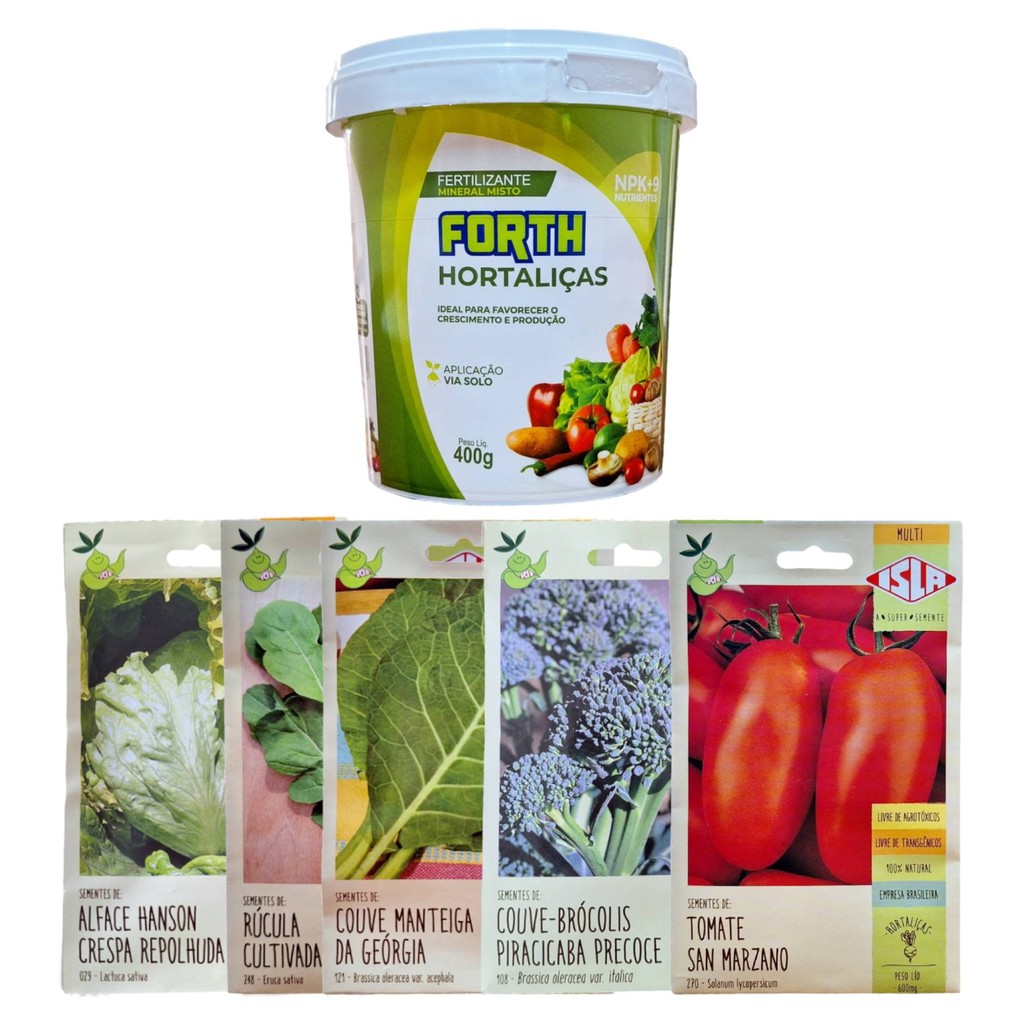 Kit Fertilizantes Para Hortaliças 400g + Sementes Alface Tomate Rucula Couve Brocolis Isla