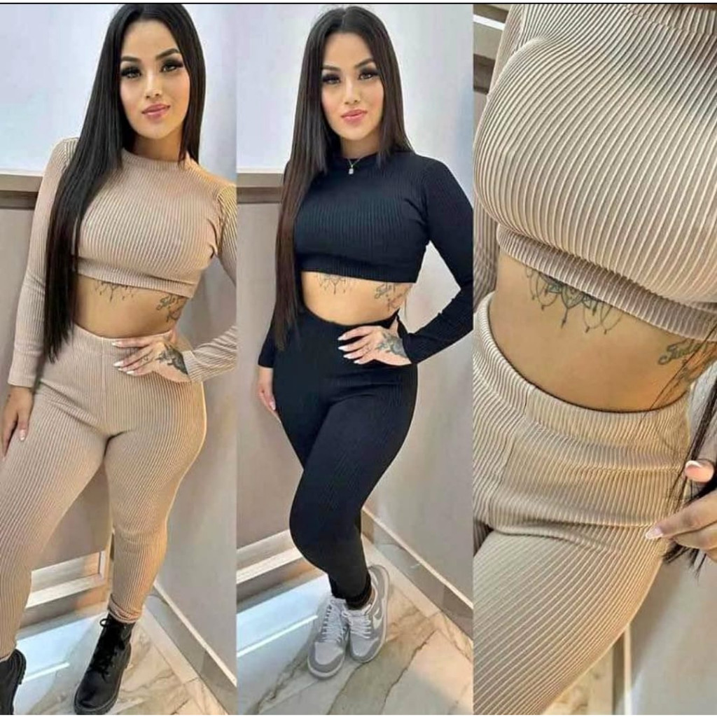 Conjunto Calça+Cropped Gola Alta Canelado 3D Manga Longa Comprida Moda Blogueira Promoçao de lançamento