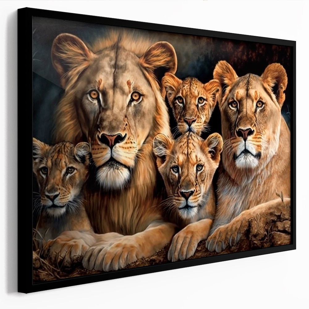 Quadro Decorativo 110x80cm Leão e Leoa 3 Filhotes Família Sala Quarto Hall Casa Decoração De Parede Mdf Adesivo